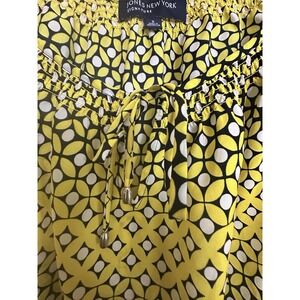 Jones New York Signature Yellow‎ Navy White Geo Smock Tie Neck Blouse Sz